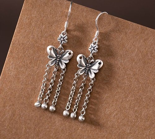 garyjewelry Vintage Thai Silver Butterfly Earrings for Women Ethnic Tassels Earrings Real