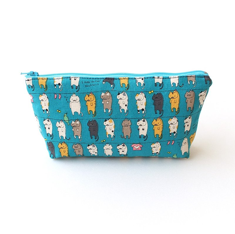 Tan cat (large) pencil case / storage bag pencil case cosmetic bag - กล่องดินสอ/ถุงดินสอ - ผ้าฝ้าย/ผ้าลินิน สีน้ำเงิน