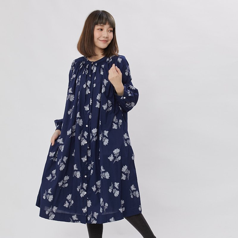 Birdie Floral Natural  Cotton Print Maxi Shirt One-piece - ワンピース - コットン・麻 ブルー