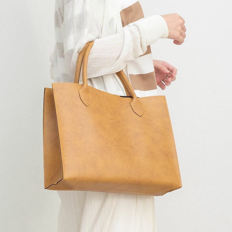 Artificial Leather Tote Bag (Tan) - Handbags & Totes - Faux Leather Brown