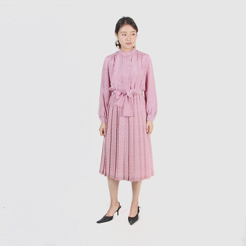 [Egg plant ancient] Sakurakawa flower print vintage dress - One Piece Dresses - Polyester Pink