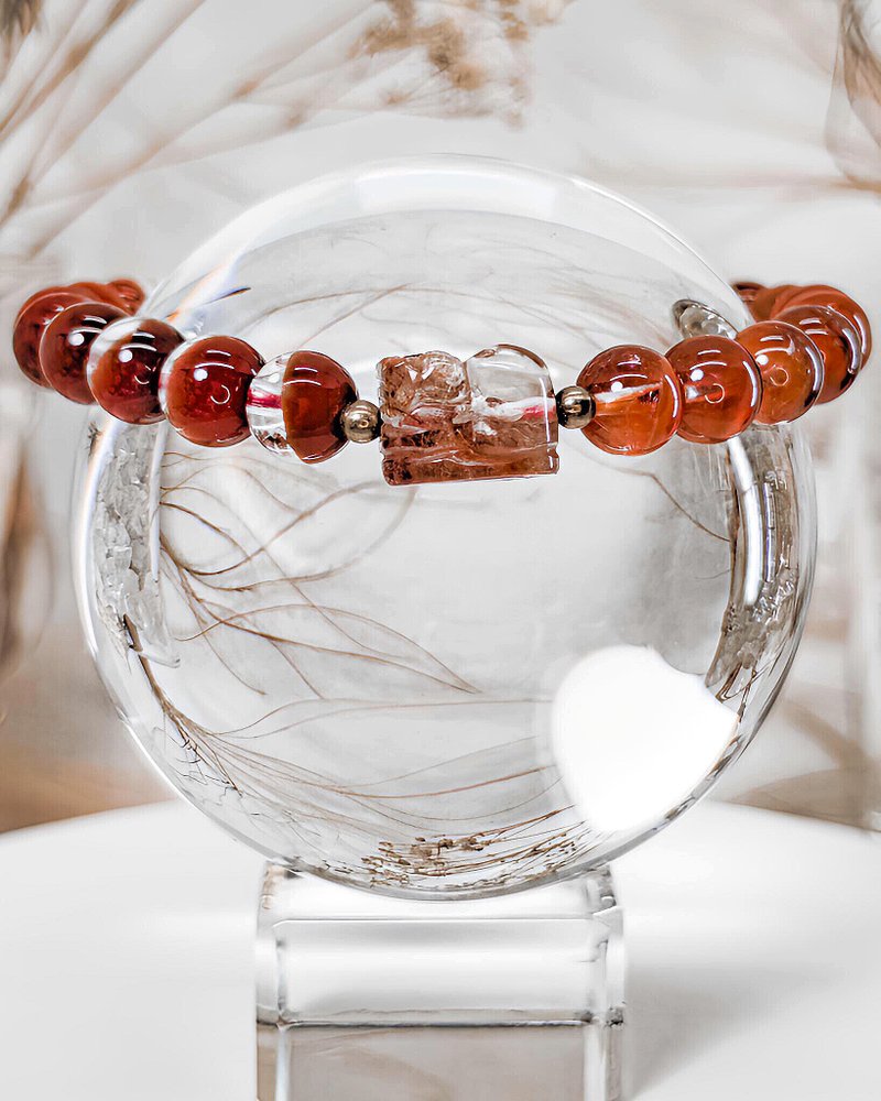 [Half basin of orange-red rabbit fur] High-quality red-haired crystal Pixiu hand - สร้อยข้อมือ - คริสตัล สีแดง