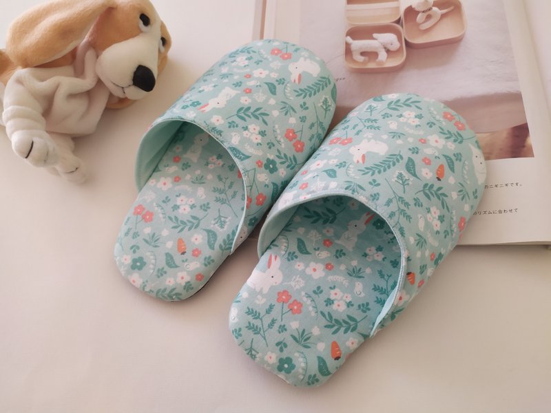 [Shipping within 5 days] Mint Green Bunny Garden Indoor Slippers Indoor Shoes Slippers for Kids - Kids' Shoes - Cotton & Hemp Blue