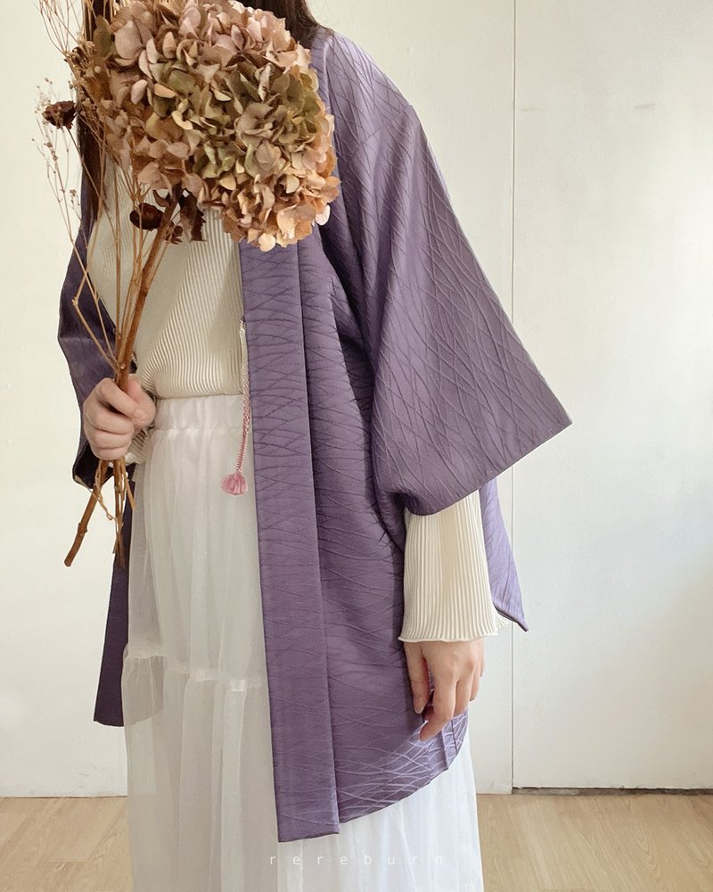 日本製和風格子織紋紫色古著羽織和服外套 - 女大衣/外套 - 聚酯纖維 紫色