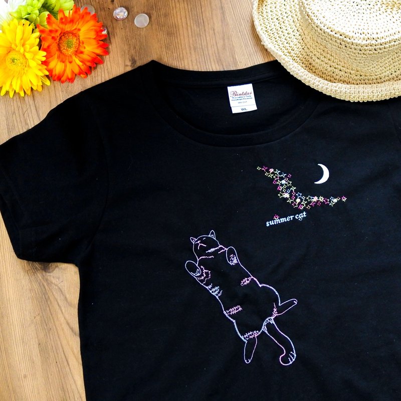 Cat and Starry Sky Embroidery T-shirt Black/Short Sleeve - Women's T-Shirts - Cotton & Hemp Black