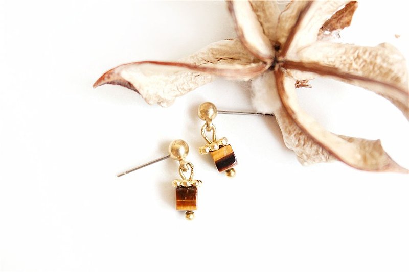 [UNA- excellent Na] handmade honey yellow tiger eye small squares - steel pin Bronze natural Gemstone customization - Earrings & Clip-ons - Gemstone Multicolor