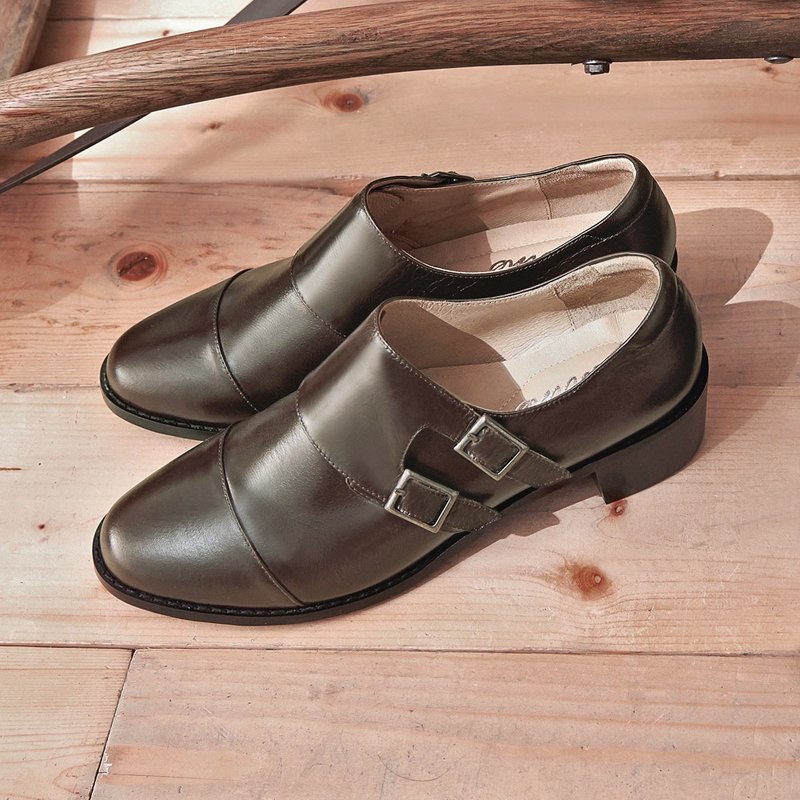 Brown Double Buckle Low Heel Leather Monks - รองเท้าอ็อกฟอร์ดผู้หญิง - หนังแท้ 