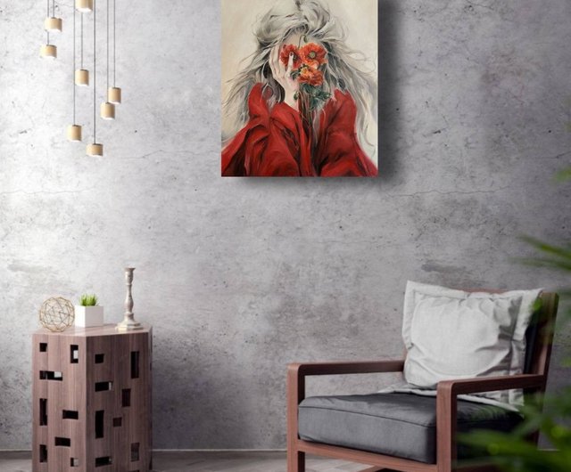 キャンバスに描かれたオリジナル油絵 顔のない女性 ポピーを持つ