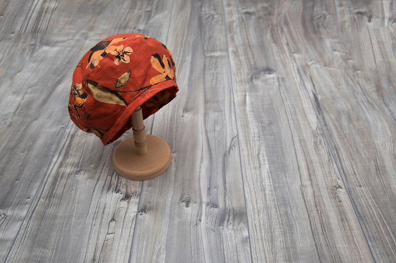 tree_japanese floral beret hat.blush maple - หมวก - ผ้าฝ้าย/ผ้าลินิน สีส้ม