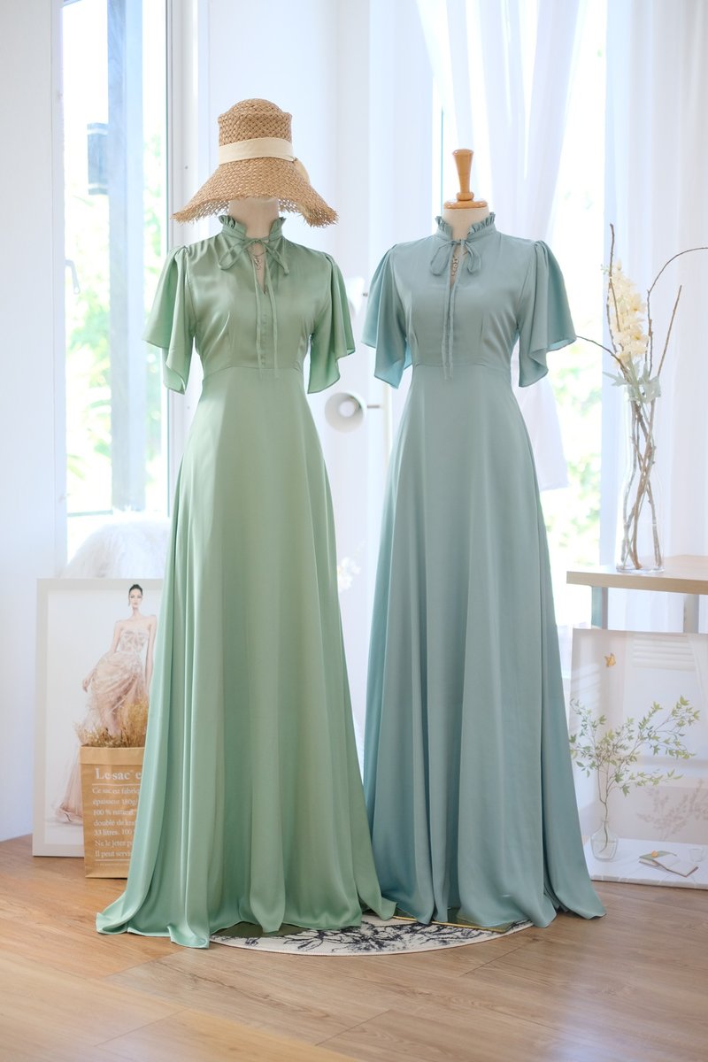 Sage green satin dress Blue bridesmaid dress Cocktail wedding guest dress - One Piece Dresses - Polyester Green