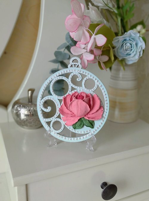 YourFloralDreams Small painting with pink rose Round floral painting gift Rose wall decor