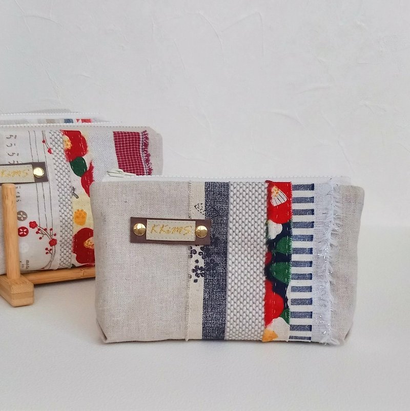 [FZK/Universal Storage Bag (Small)] Rag Hand-stitched Pile Flower Japanese Linen French Silver Onion - Toiletry Bags & Pouches - Cotton & Hemp Blue