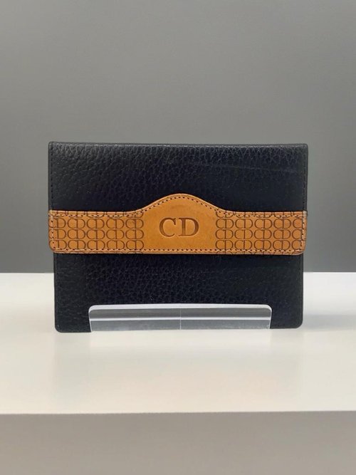 LA LUNE Vintage 日本鑑證古董品選物店 【LA LUNE】中古二手Dior黑棕色老花皮革皮夾中短夾錢包卡片包
