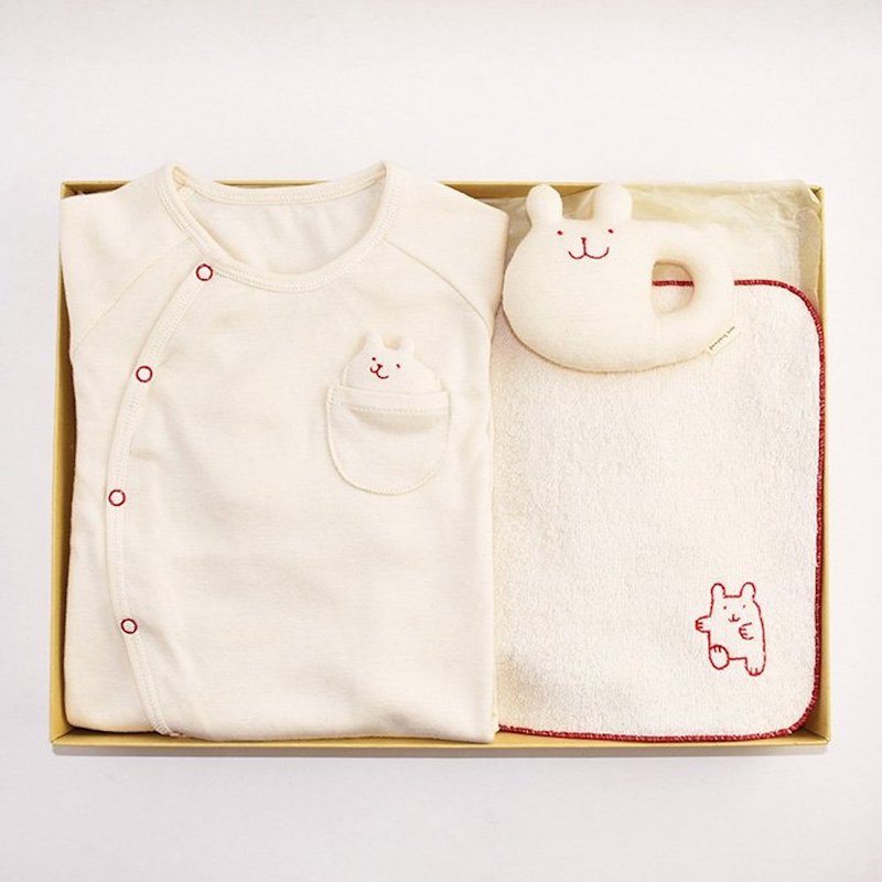 [NEW ARRIVAL!!] Gift set TW-1 100% organic cotton 2way dress, rattle, mini towel, 3-piece set, rabbit, bear, made in Japan - Baby Gift Sets - Cotton & Hemp White