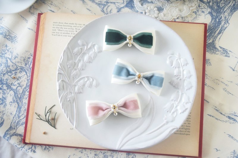 Anna's Tea Party - Ribbon Bow Spring Hairclip Vintage French Style Cute Small - เครื่องประดับผม - วัสดุอื่นๆ 