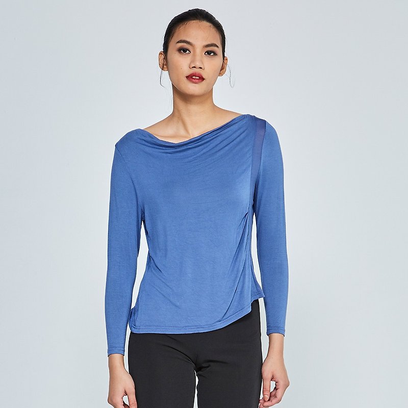 Drapped Neck Top with Mesh - Women's Tops - Cotton & Hemp Blue