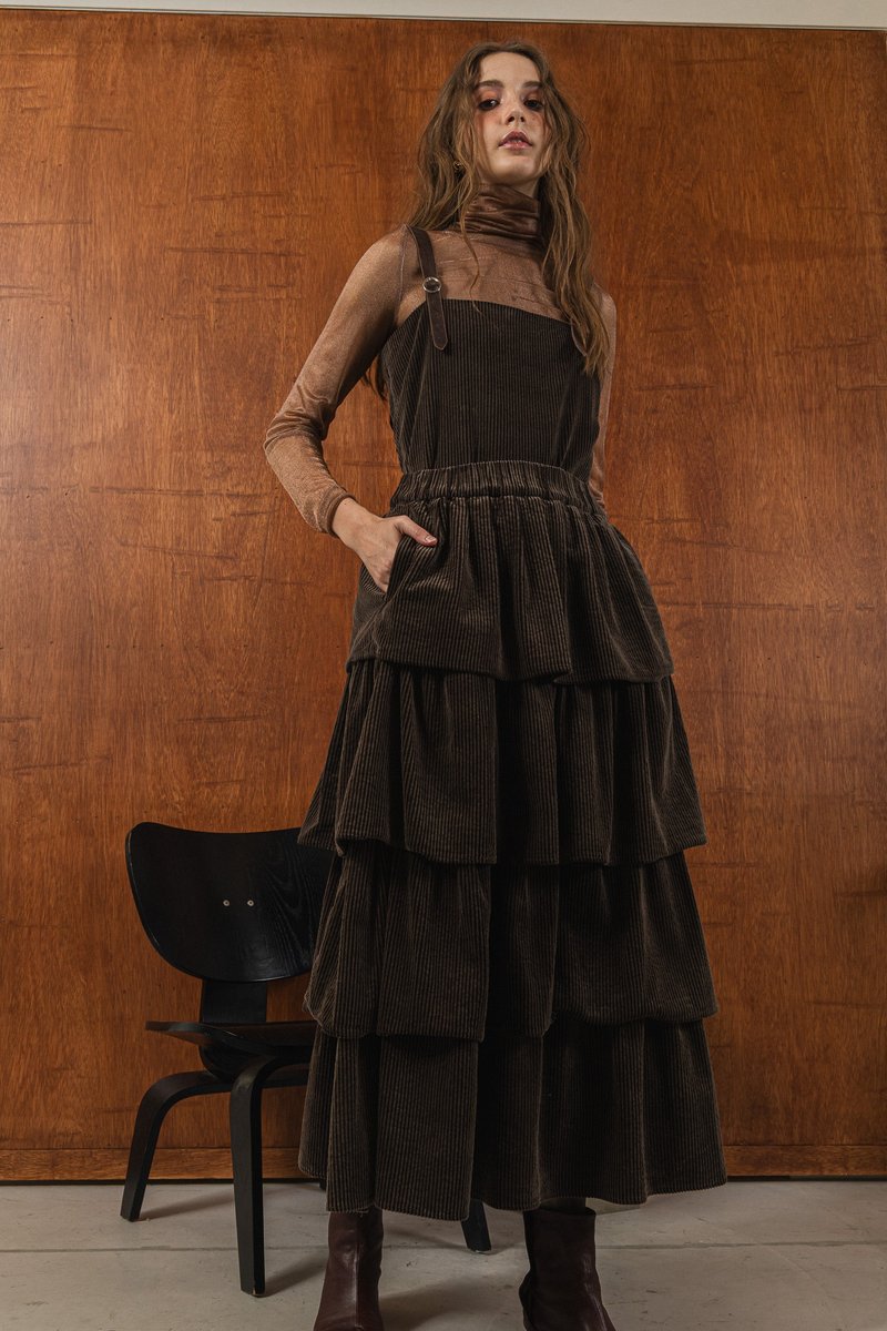 Wool Pile Fabric Tiered Skirt in Cocoa Brown - Women's Tops - Wool Brown