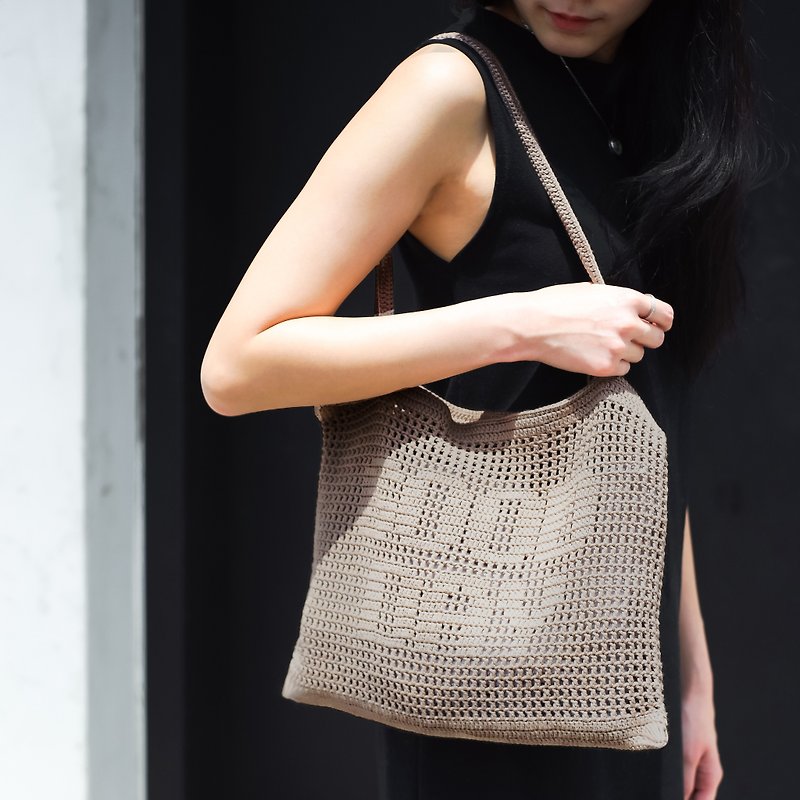 Crochet Quote Tote Bag | "Good day" in Stardust - Handbags & Totes - Other Materials Brown