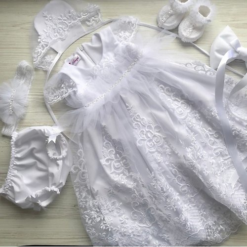 V.I.Angel White clothing set for baby girl: dress, bonnet, headband, booties and panties.