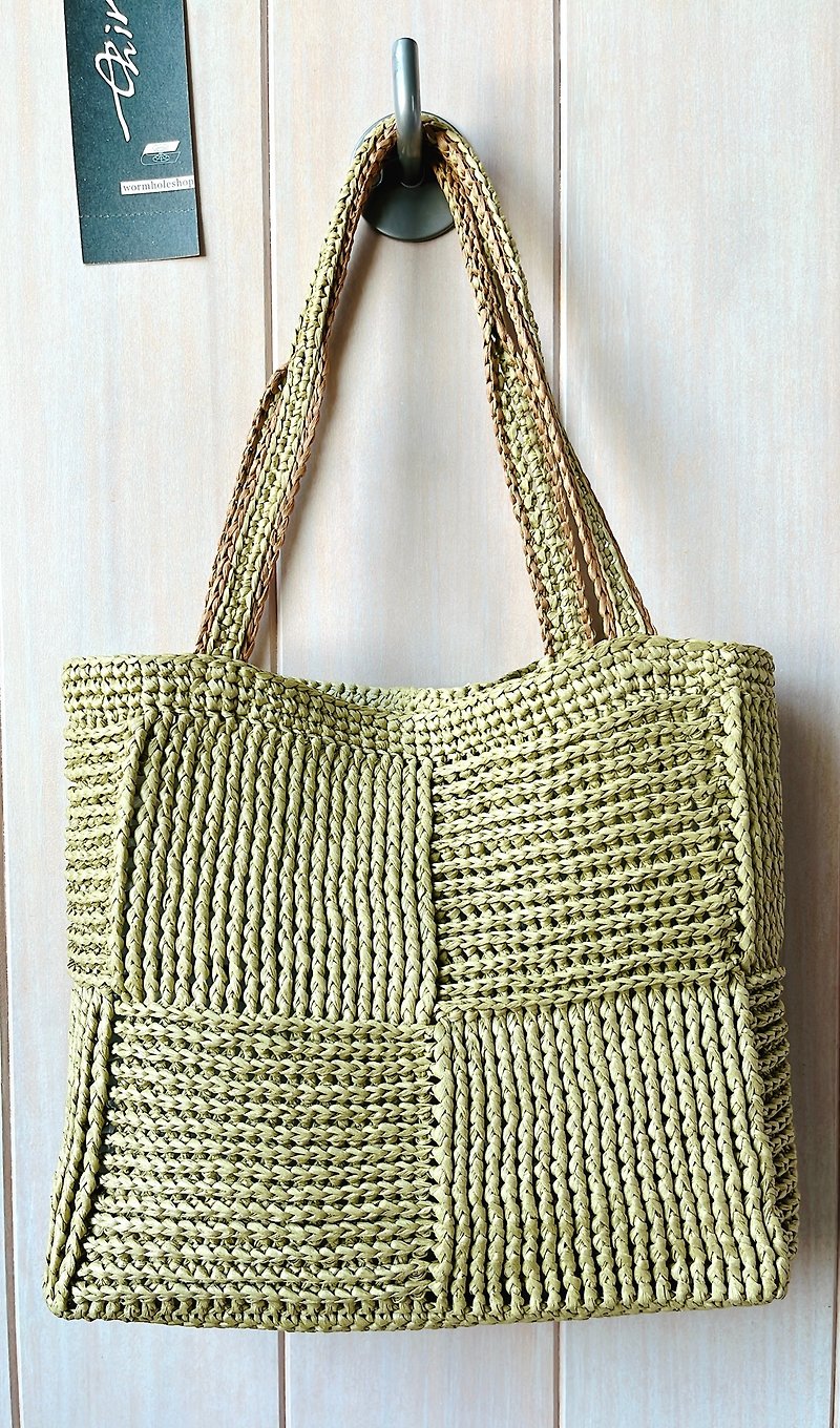 日系方格拼接風拉菲草編織袋薄荷綠 - 手提包/手提袋 - 紙 綠色