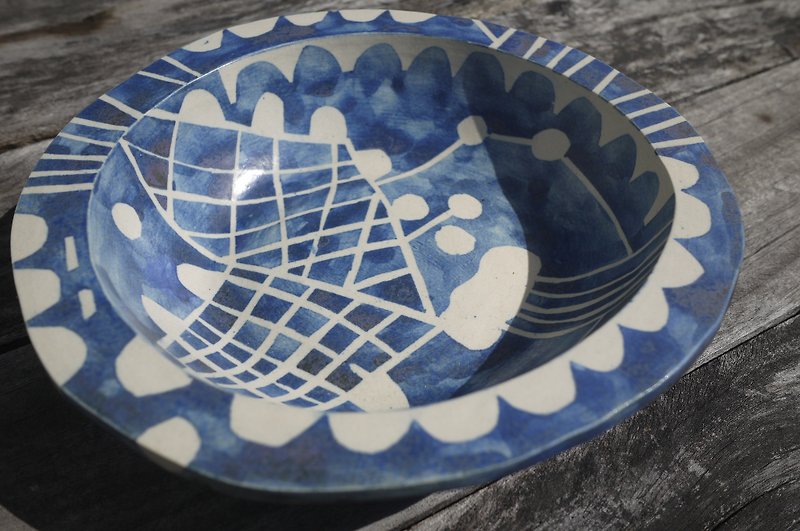 Blue and white collage hand-painted plate - Plates & Trays - Pottery 