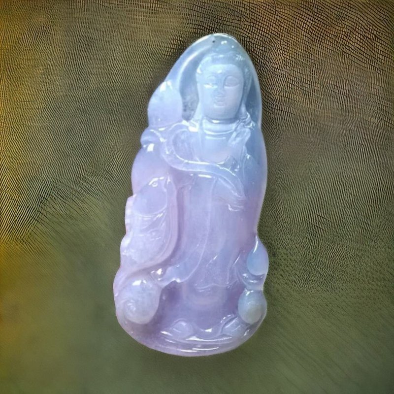 冰種紫羅蘭翡翠精雕觀音菩薩 | 天然緬甸玉翡翠A貨 | 送禮 - 吊飾/掛飾 - 玉石 紫色