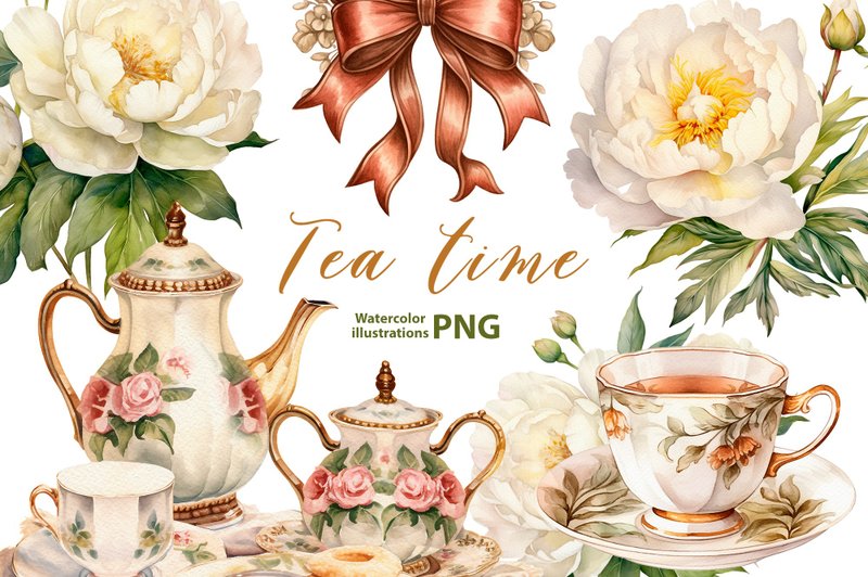 Watercolor vintage gold clipart set, 5 Png, white peony png floral clipart tea - 電子手帳及素材 - 其他材質 