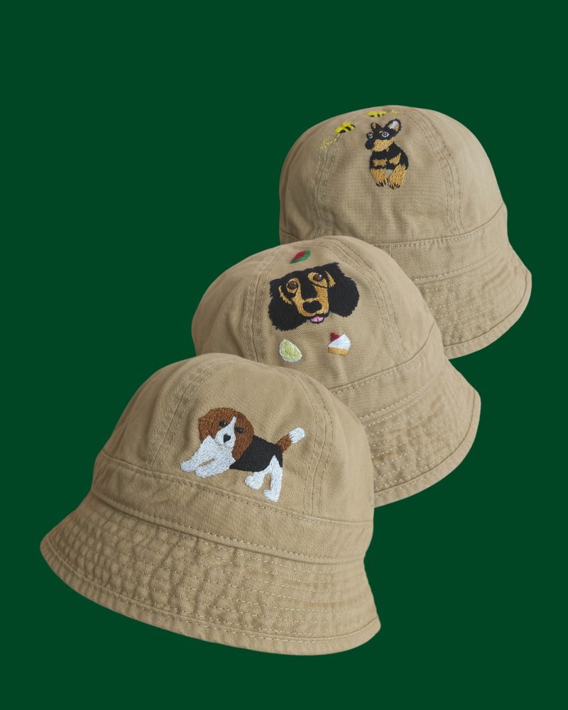 Beige color of Dog Stitched Bucket,hand-embroidered canvas bucket hat - 帽子 - 棉．麻 卡其色