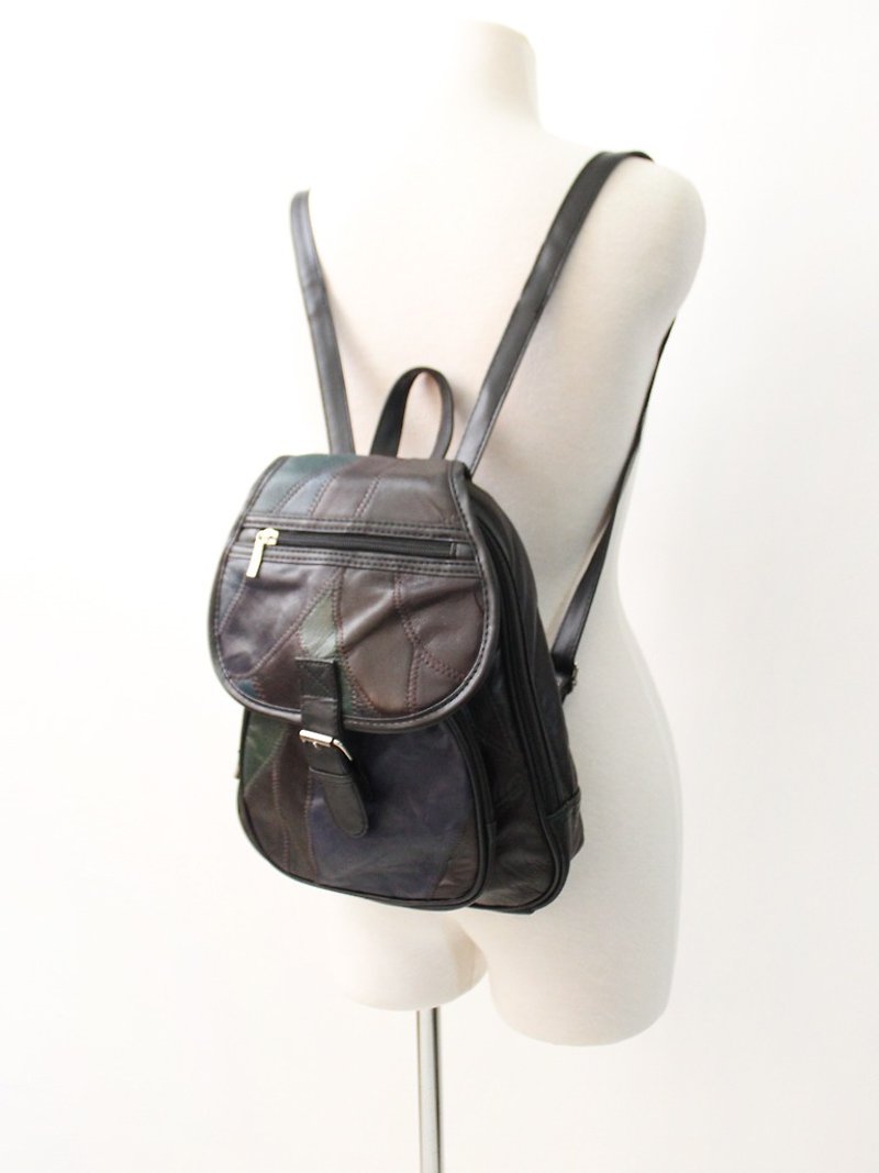 Retro Dark Block Splicing Black European Backpack Side Backpack Vintage Bag European Vintage Bag - กระเป๋าเป้สะพายหลัง - หนังแท้ สีดำ
