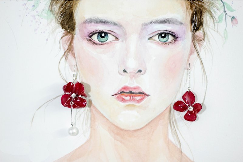 Japanese import wooden hydrangea asymmetrical earrings - ต่างหู - พืช/ดอกไม้ สีแดง