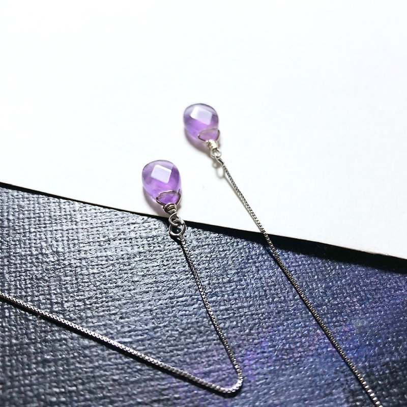 原創手工 紫水晶 耳環耳線 S925銀 水滴形切面款 - 耳環/耳夾 - 寶石 紫色
