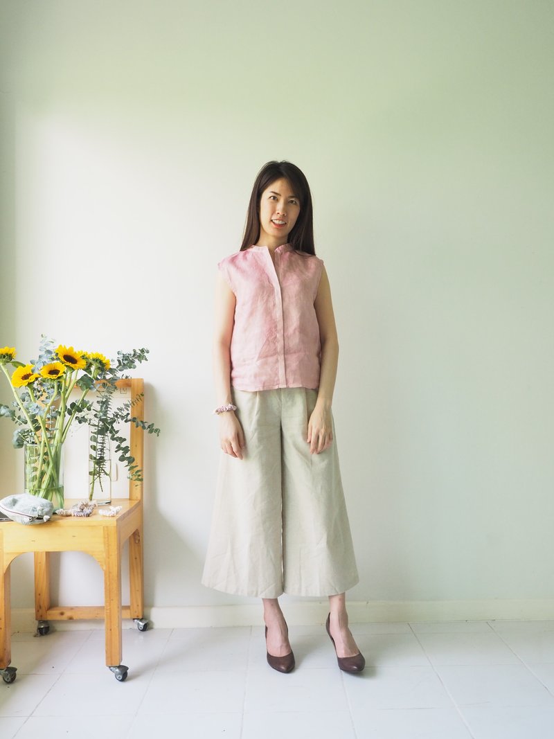 Pink Amber Linen Sleeveless Blouse - 女上衣/長袖上衣 - 棉．麻 粉紅色