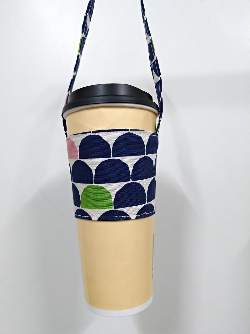 Drink Cup Set Eco Cup Set Hand Drink Bag Coffee Bag Tote Bag - Semicircle (Dark blue dot on white) - ถุงใส่กระติกนำ้ - ผ้าฝ้าย/ผ้าลินิน 