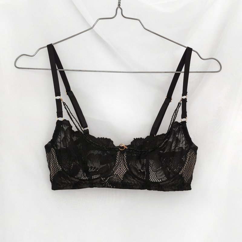 Floral lace bra - Sexy lingerie - Black lace underwear - Wired balconette bra - 女內衣褲 - 聚酯纖維 黑色