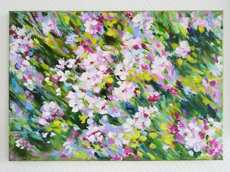 Blossom apple oil painting on canvas Blossom tree wall art Spring garden artwork - ตกแต่งผนัง - วัสดุอื่นๆ หลากหลายสี