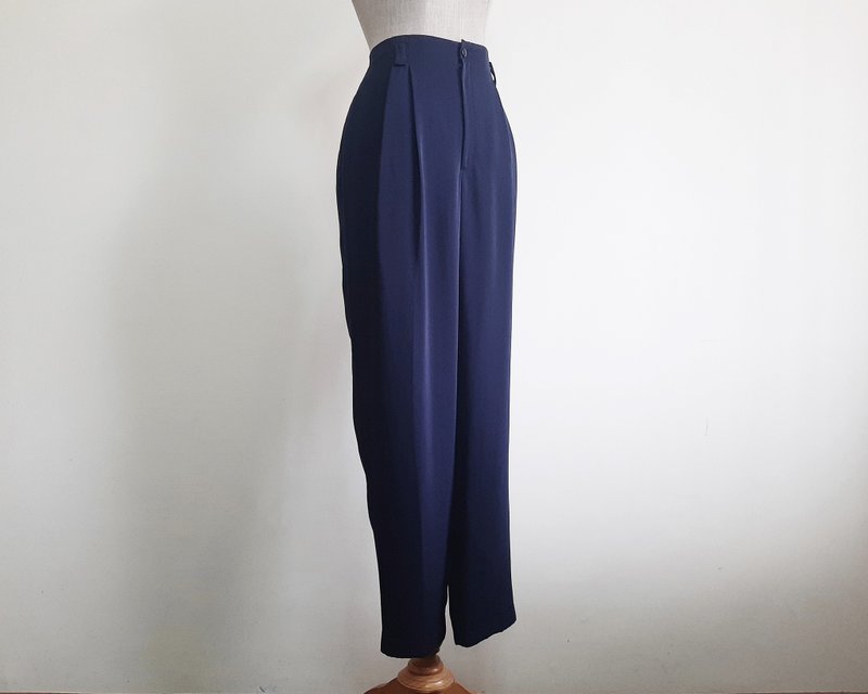 28 Waist Vintage Navy Blue Pleated Pants Womens High Waisted Tapered Trousers M - 男長褲/休閒褲 - 聚酯纖維 藍色