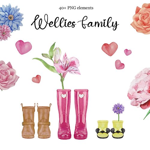 Art and Funny Watercolor wellies clipart for personalised family Welly Boots print