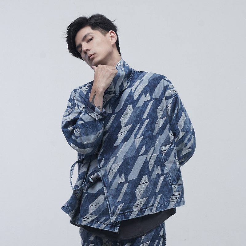 DYCTEAM - Twill Pattern Trend Coat - เสื้อโค้ทผู้ชาย - ผ้าฝ้าย/ผ้าลินิน สีน้ำเงิน