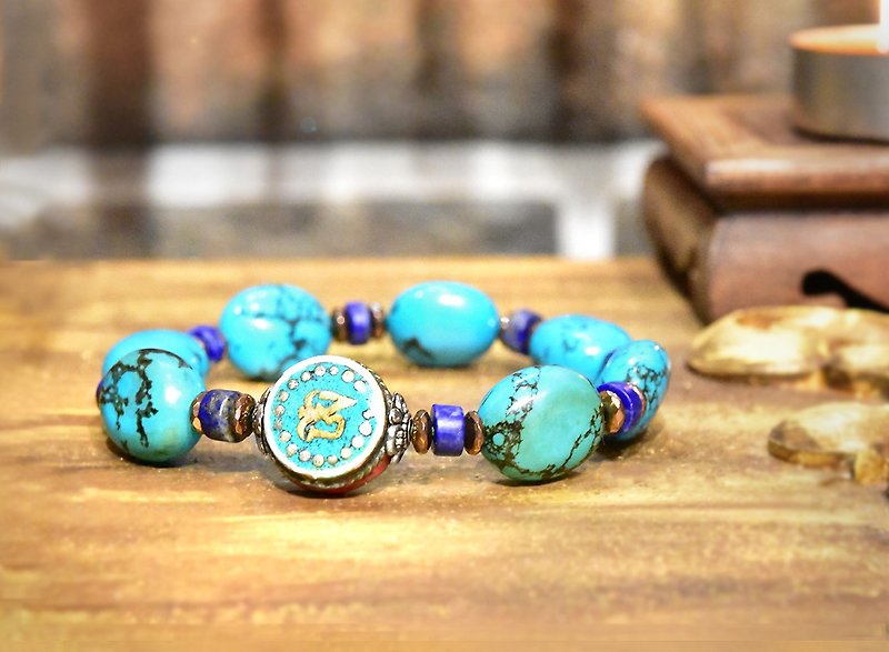 The Sound of Tranquility~Afghanistan lapis lazuli turquoise Om inlaid with turquoise coral Silver - Bracelets - Semi-Precious Stones Silver