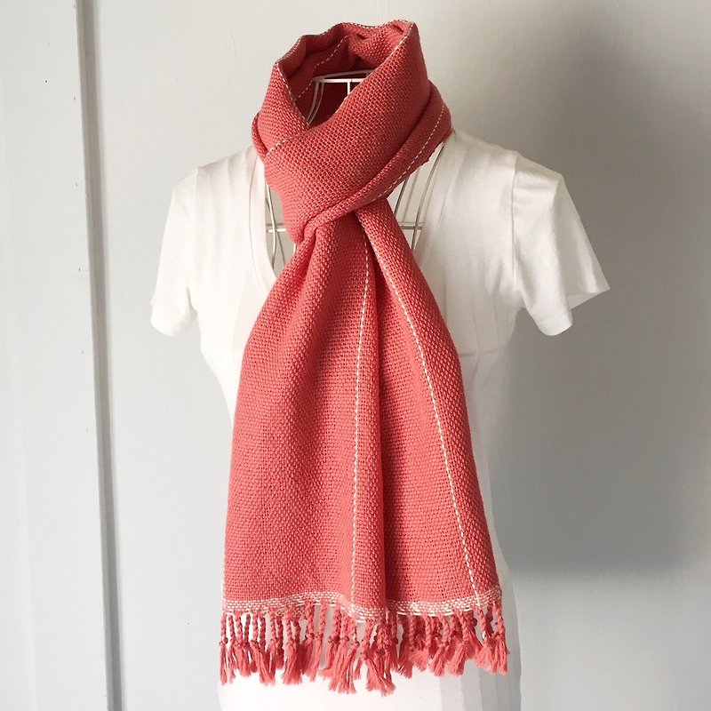 Unisex handwoven scarf Pink Orange with White lines - Knit Scarves & Wraps - Wool Pink