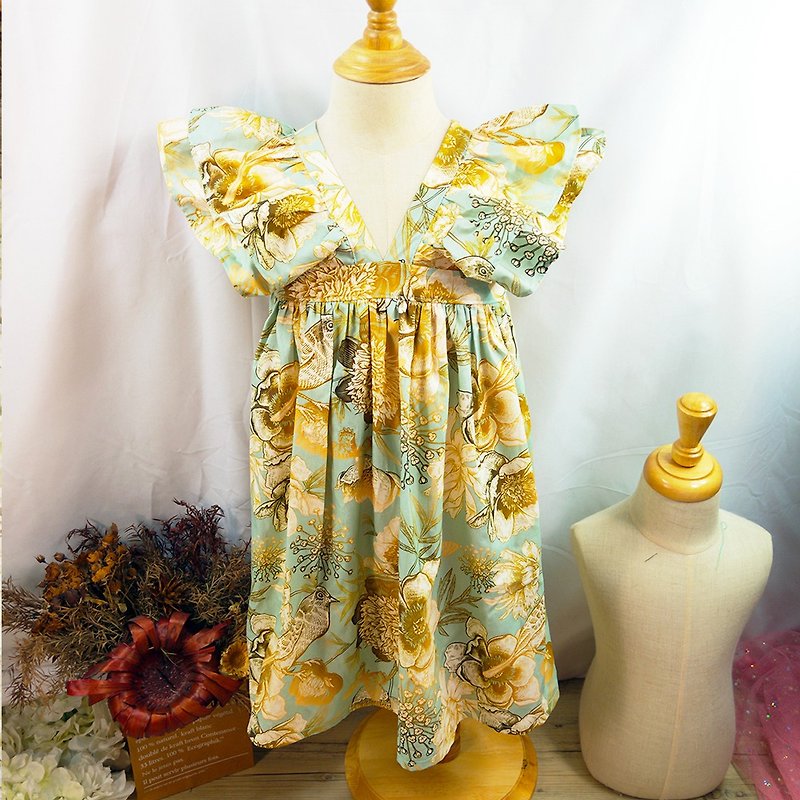 Retro flower and bird Feifei long dress (100 pieces in stock) optional cloth customization - ชุดเด็ก - ผ้าฝ้าย/ผ้าลินิน 