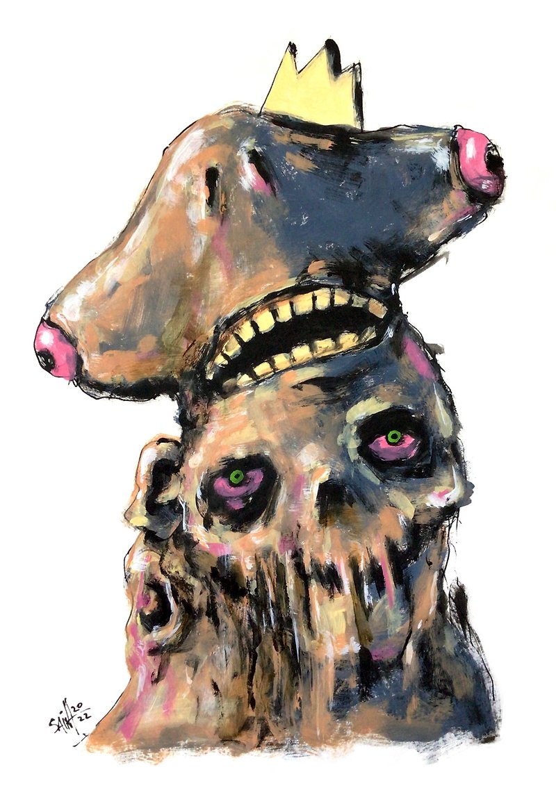 Shark Zombie painting original art, Mutant Horror. Acrylic, paper