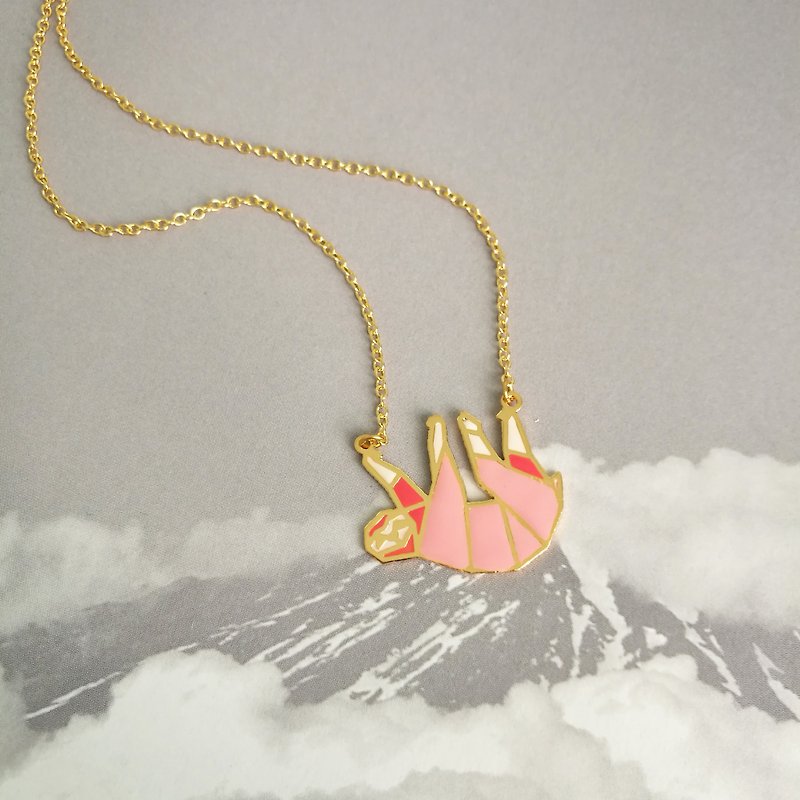 Pink, Sloth, Origami Necklace, Animal Necklace, Sloth Gifts, Gift for her - สร้อยคอ - โลหะ สีทอง