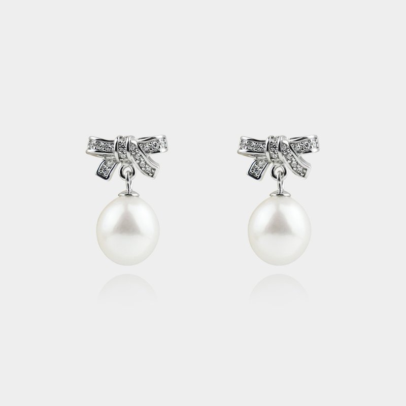 SPARKLING BOW pearl earrings - ต่างหู - เงินแท้ สีเงิน