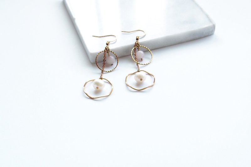 Bronze earrings | Rose Quartz | natural pearls | geometric Ear / Clip-On