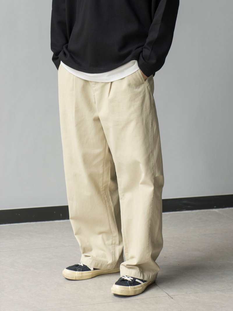 日系淺卡其色闊腿彎刀褲長褲洗水復古CHINO斜紋布褲潮流 - 男長褲/休閒褲 - 棉．麻 