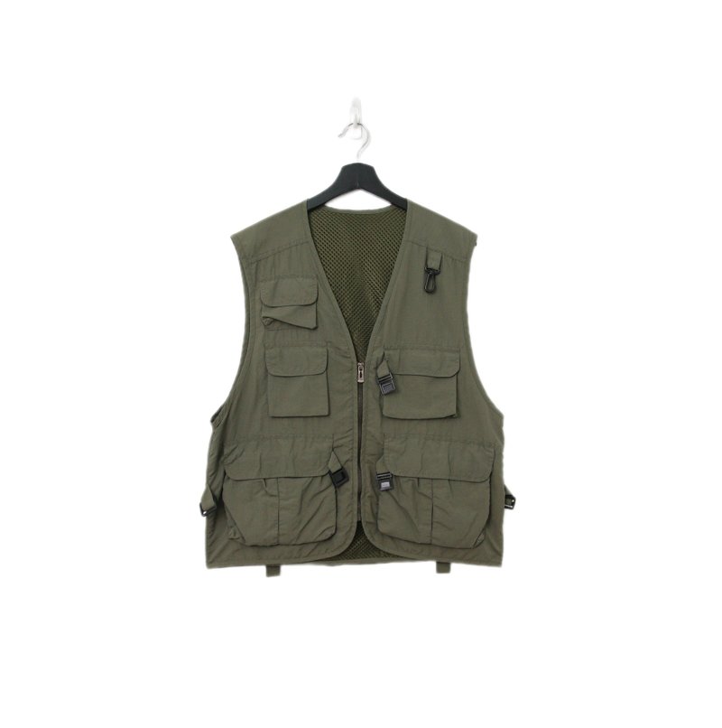 Back to Green-經典釣魚背心 淺墨綠色 網格 v-27/vintage vest - 背心/無袖上衣 - 聚酯纖維 