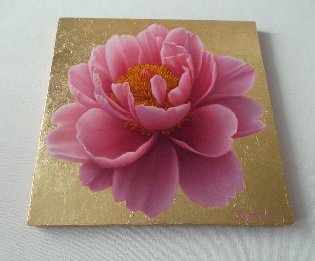 金箔の背景にリアルなピンクの牡丹の花の油絵 植物アート - ショップ