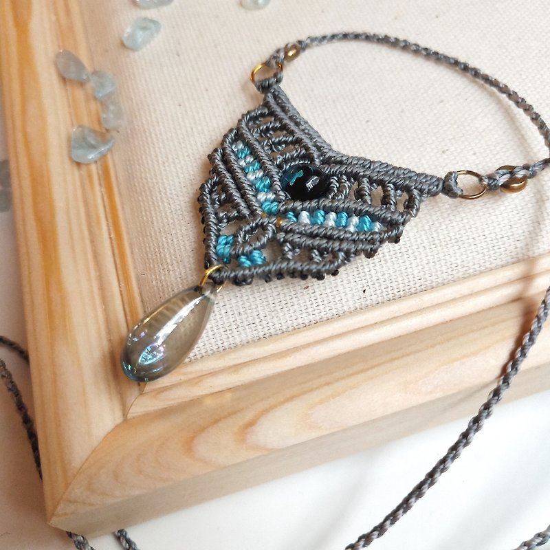 N004-Hand-woven beaded necklace National wind blue glass drop beads length adjustable - สร้อยคอ - ไนลอน สีเทา