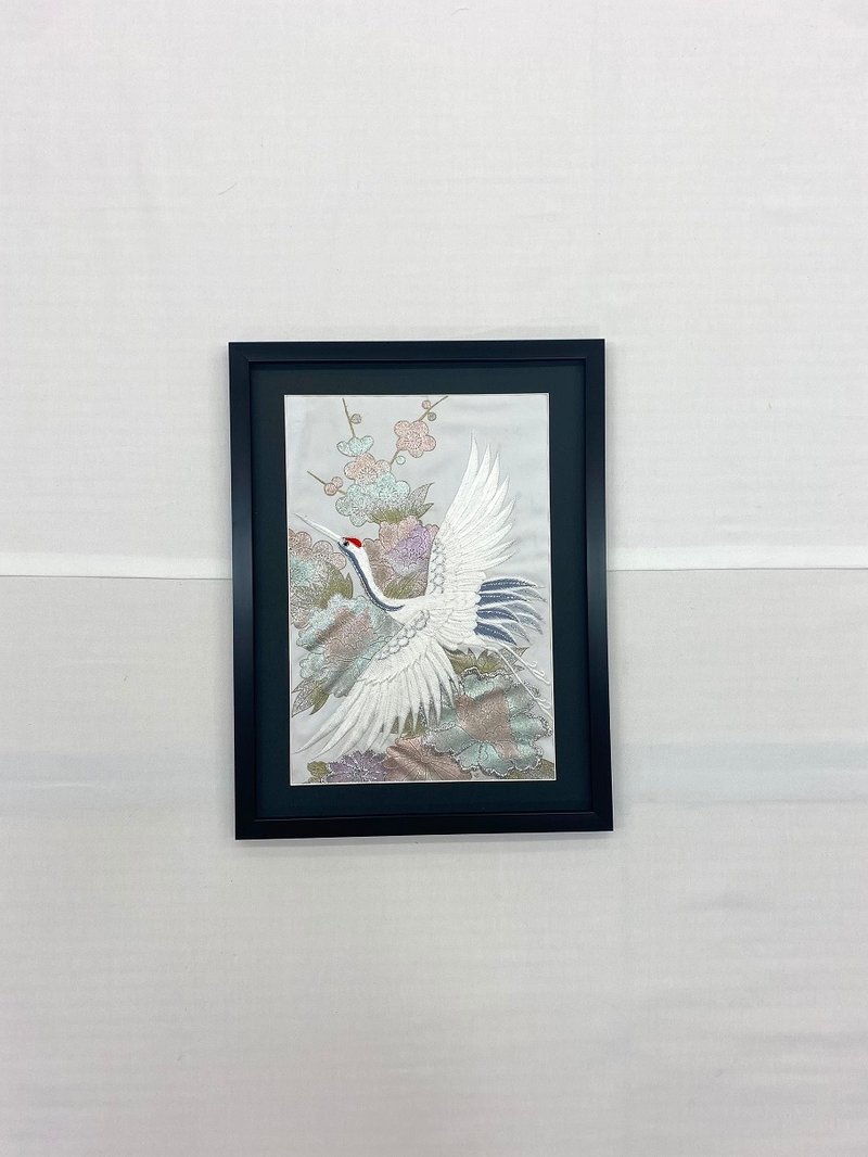 The art panel made from Japanese bride Kimono　Auspicious pattern Crane　49 - Wall Décor - Thread White